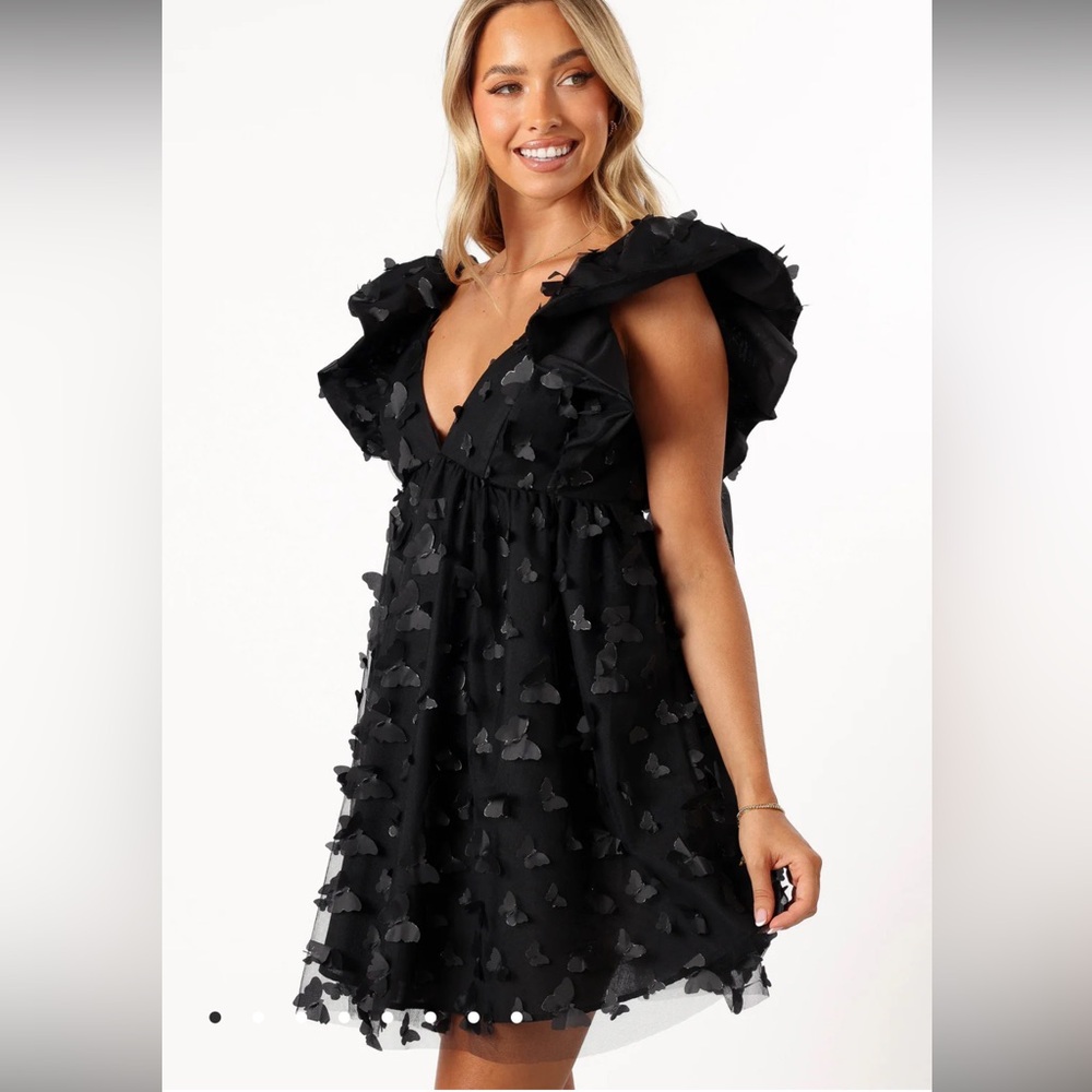 PETAL & PUP X MABEL Black Raelyn 3-D Butterfly Allover Tie Back Mini Dress NWT S